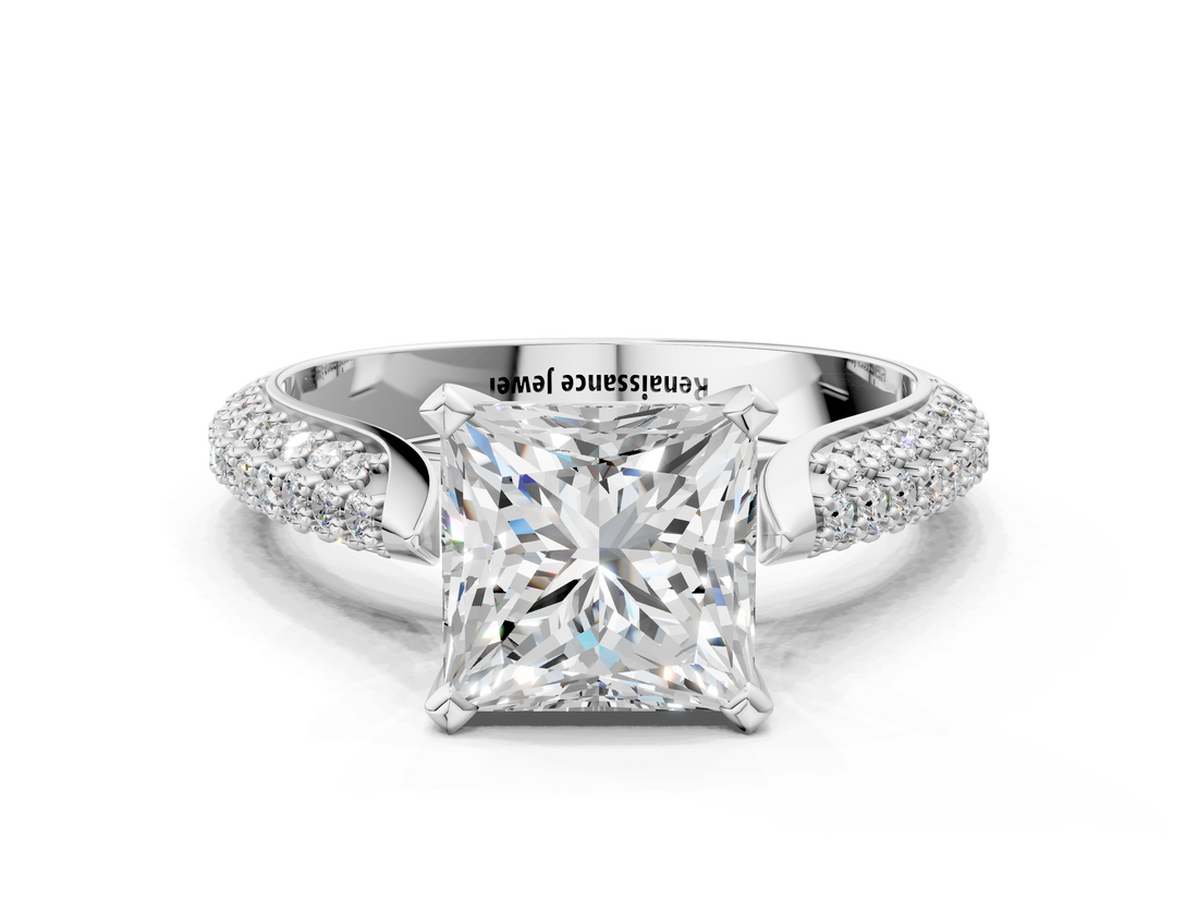 White gold Princess Solitaire Pavé Diamond Engagement Ring with Four-Prong Setting_185