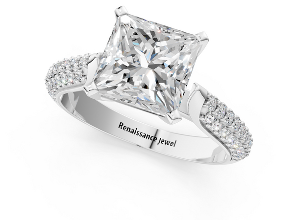 White gold Princess Diamond Solitaire Engagement Ring with Pavé Band and Four-Prong Setting