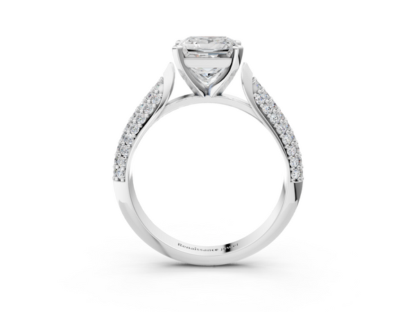 White gold Princess Diamond Solitaire Engagement Ring with Pavé Band and Four-Prong Setting