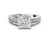 White gold Princess Solitaire Pavé Diamond Milgrain Engagement Ring with Four-Prong Setting_21