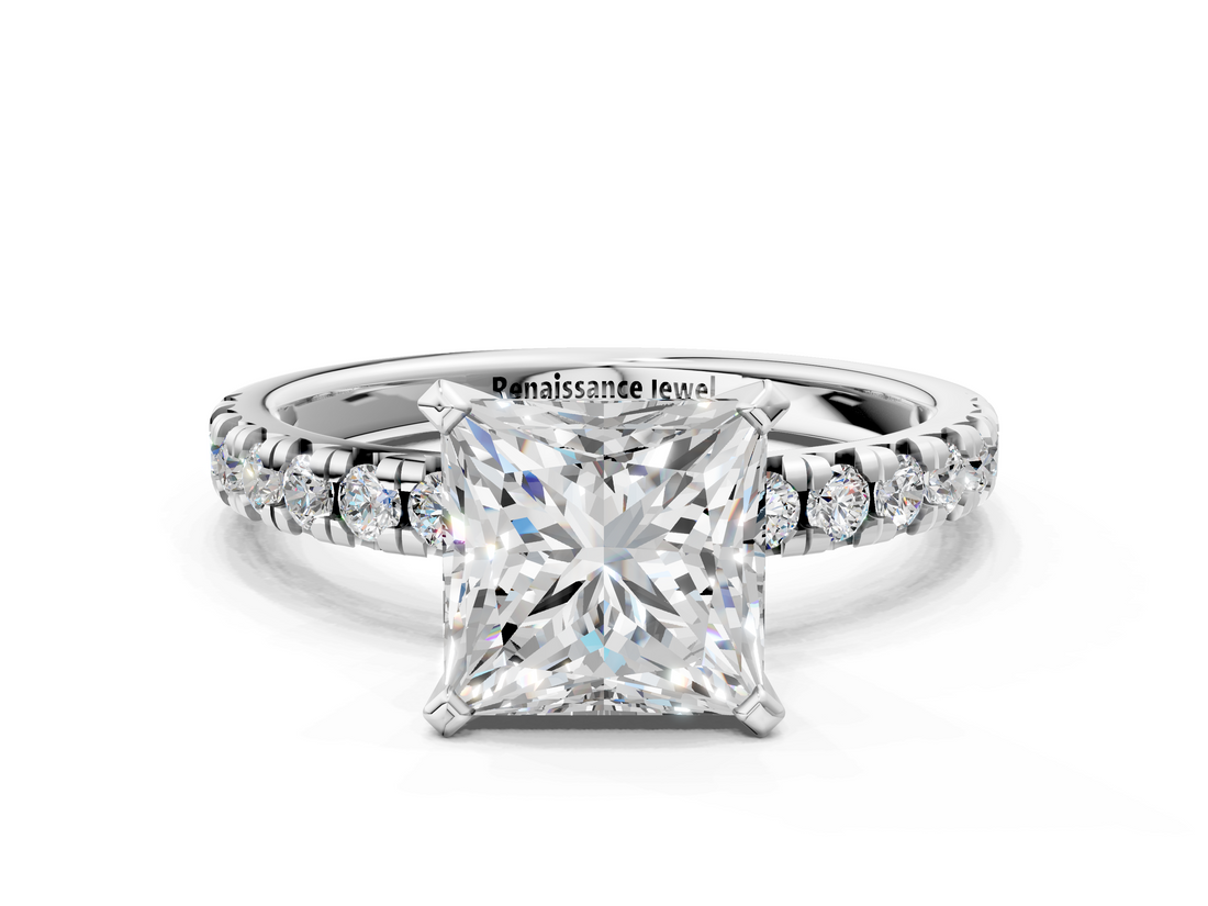 White gold Princess Solitaire Pave Diamond Engagement Ring with Four-Prong Setting_259