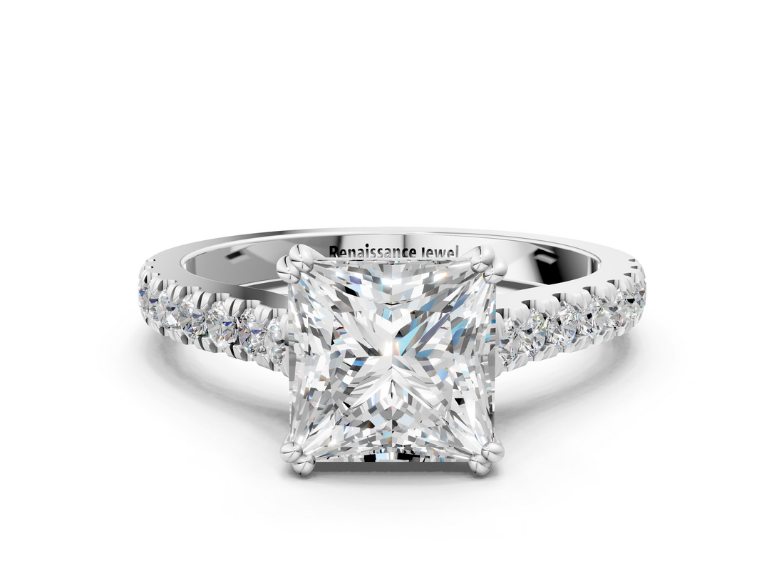 White gold Princess Solitaire Pave Diamond Engagement Ring with Prong Setting_55