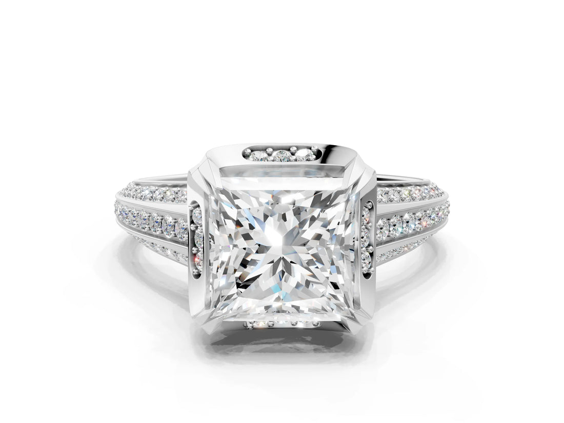 White gold Princess Solitaire Pave Split Shank Ring with Four-Prong Setting_81
