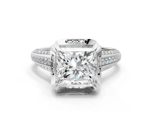White gold Princess Solitaire Pave Split Shank Ring with Four-Prong Setting