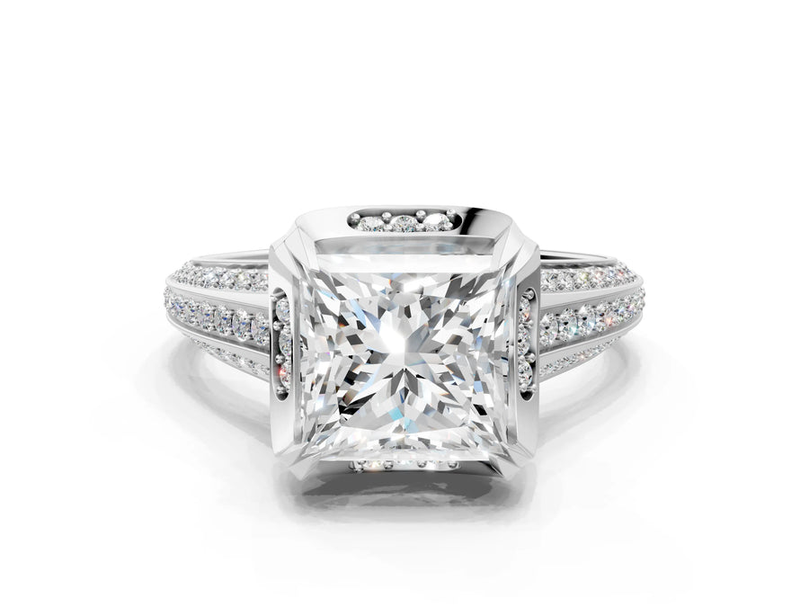 White gold Princess Solitaire Pave Split Shank Ring with Four-Prong Setting