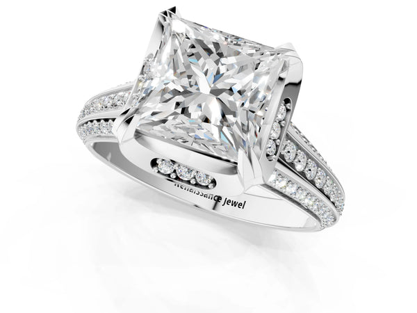 White gold Princess Solitaire Pave Split Shank Ring with Four-Prong Setting