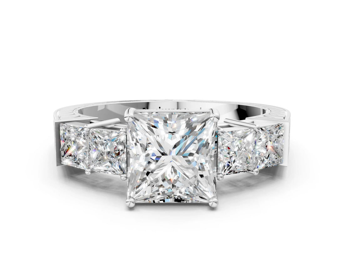 White gold Princess Solitaire Princess Side Stone Engraved Band Prong Setting Ring_6