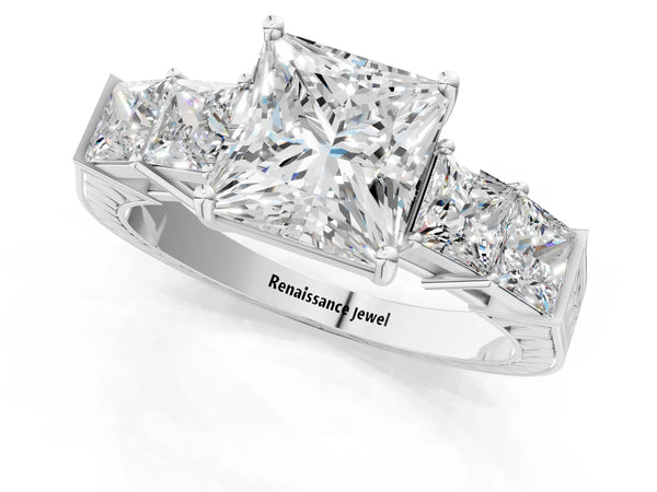 White gold Princess Solitaire Princess Side Stone Engraved Band Prong Setting Ring