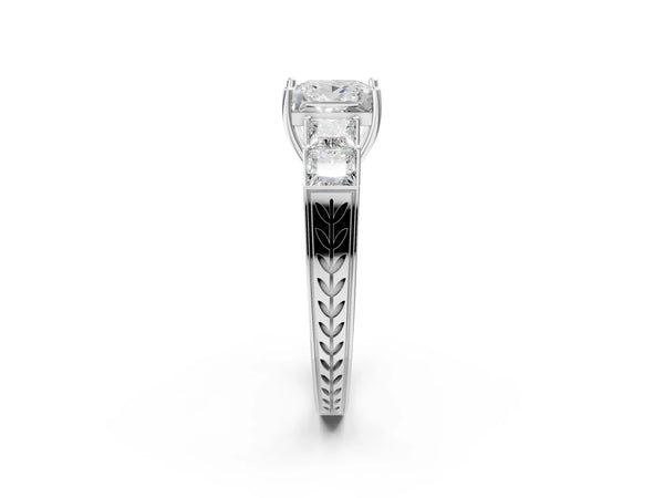 Silver Princess Solitaire Princess Side Stone Engraved Band Prong Setting Ring