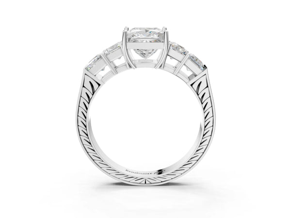 White gold Princess Solitaire Princess Side Stone Engraved Band Prong Setting Ring