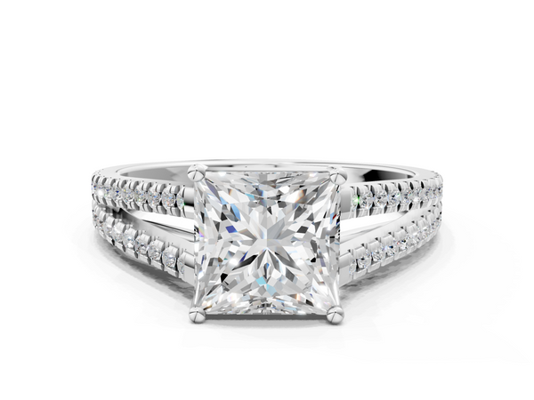 White gold Princess Cut Diamond Solitaire Engagement Ring with Split Shank Pavé Band