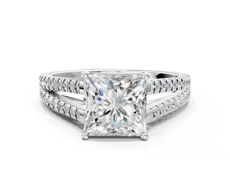 White gold Princess Cut Diamond Solitaire Engagement Ring with Split Shank Pavé Band