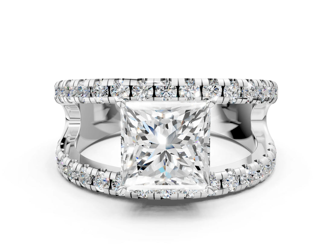 White gold Princess Solitaire Split Shank Pave Diamond Ring_49