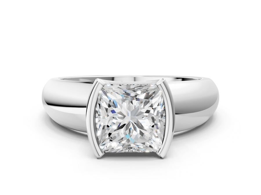 White gold Princess Solitaire Tension Set Diamond Ring with Wide Band