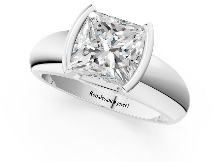White gold Princess Solitaire Tension Set Diamond Ring with Wide Band