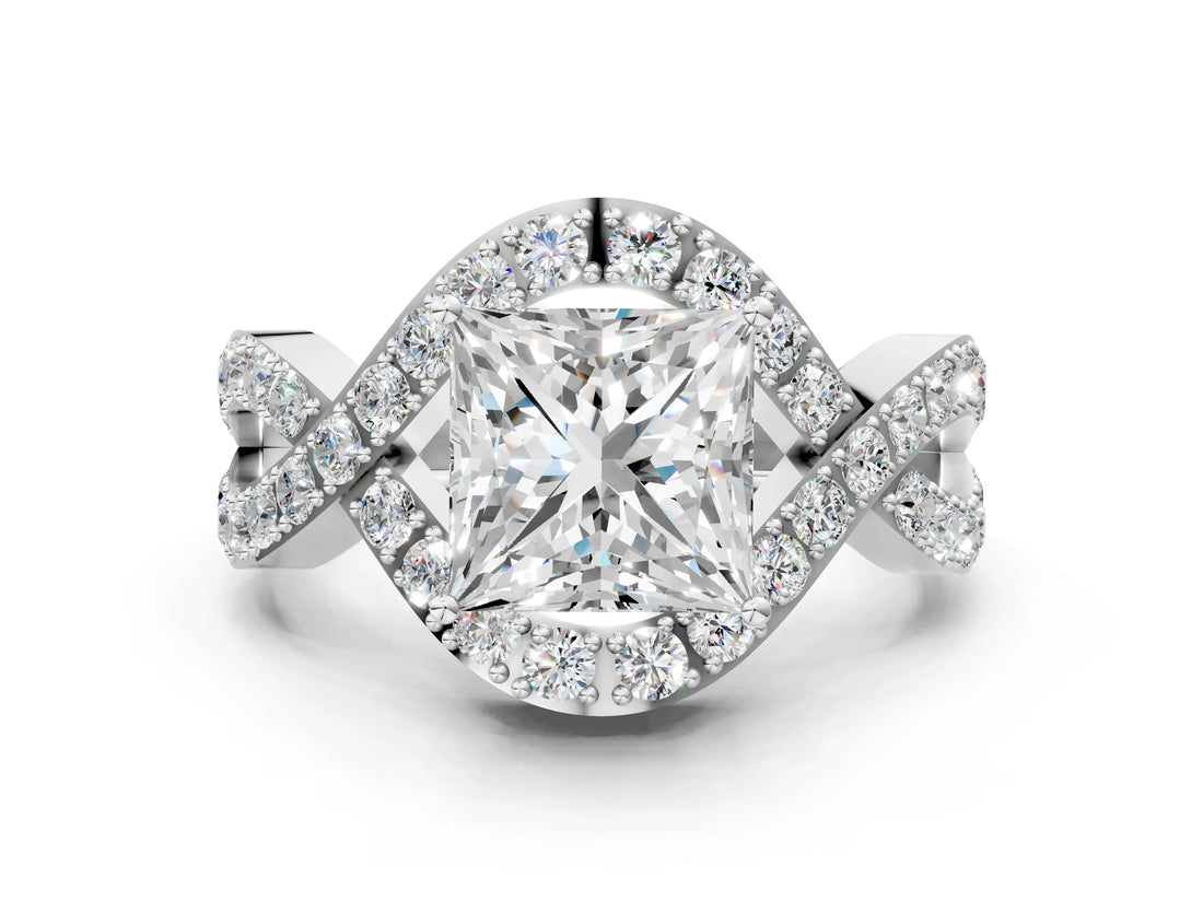 White gold Princess Solitaire Twist Band Pavé Diamond Engagement Ring_32