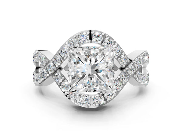 White Gold Princess Cut Infinity Twist Engagement Ring Setting with Pave Ribbons