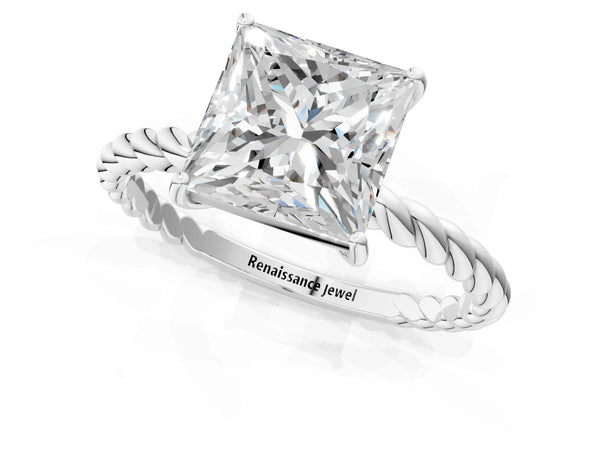 White gold Princess Solitaire Twist Band Ring with Four-Prong Setting