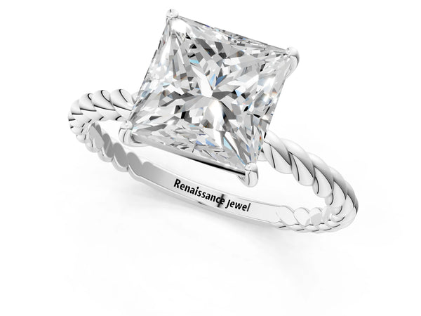 White gold Princess Solitaire Twist Band Ring with Four-Prong Setting