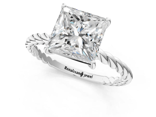 White gold Princess Solitaire Twist Band Ring with Four-Prong Setting