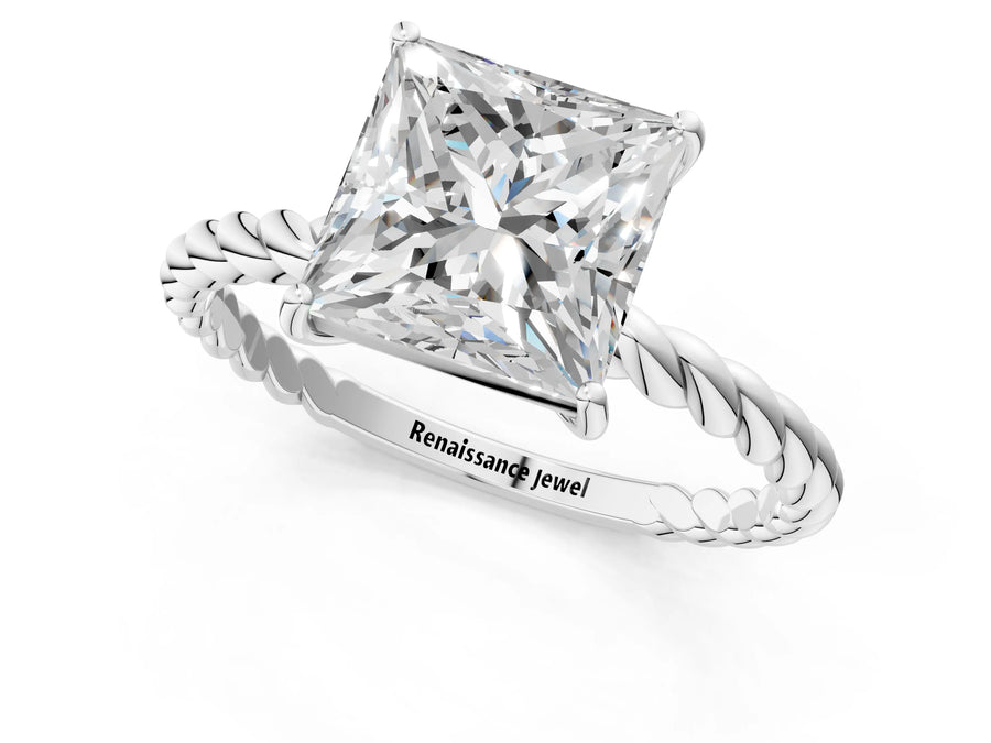 White gold Princess Solitaire Twist Band Ring with Four-Prong Setting