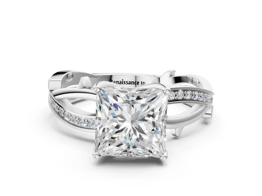 White gold Princess Solitaire Twist Band with Pavé Accents and Four-Prong Setting_20