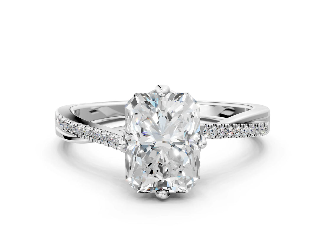 White gold Princess Solitaire Twist Band with Pavé Diamonds and Four-Prong Setting_108