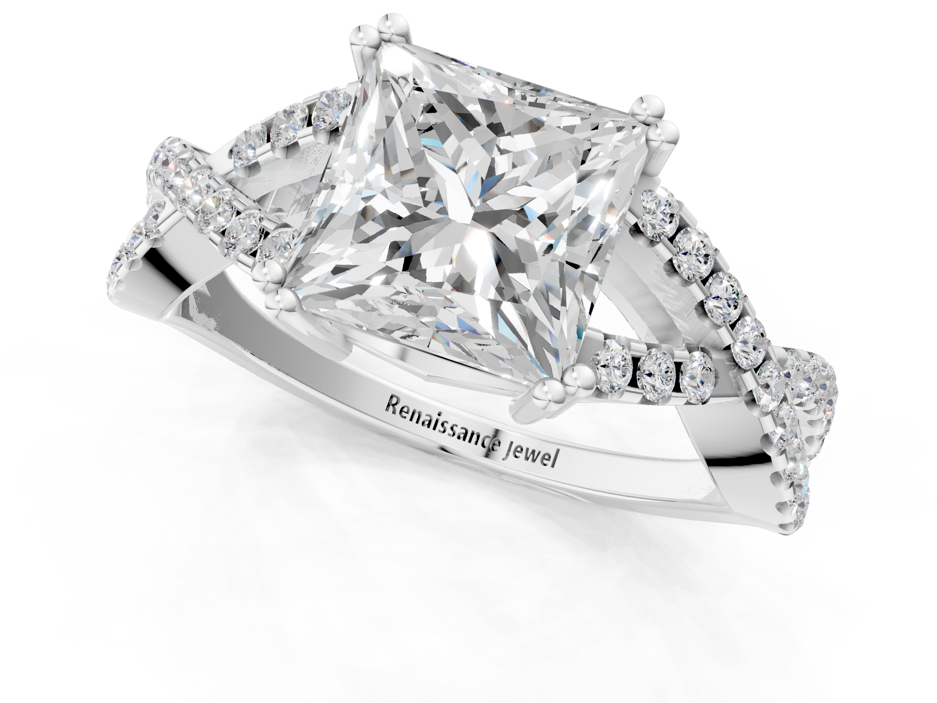 White gold Princess Solitaire Twist Band with Pavé Setting and Four-Prong Setting_36