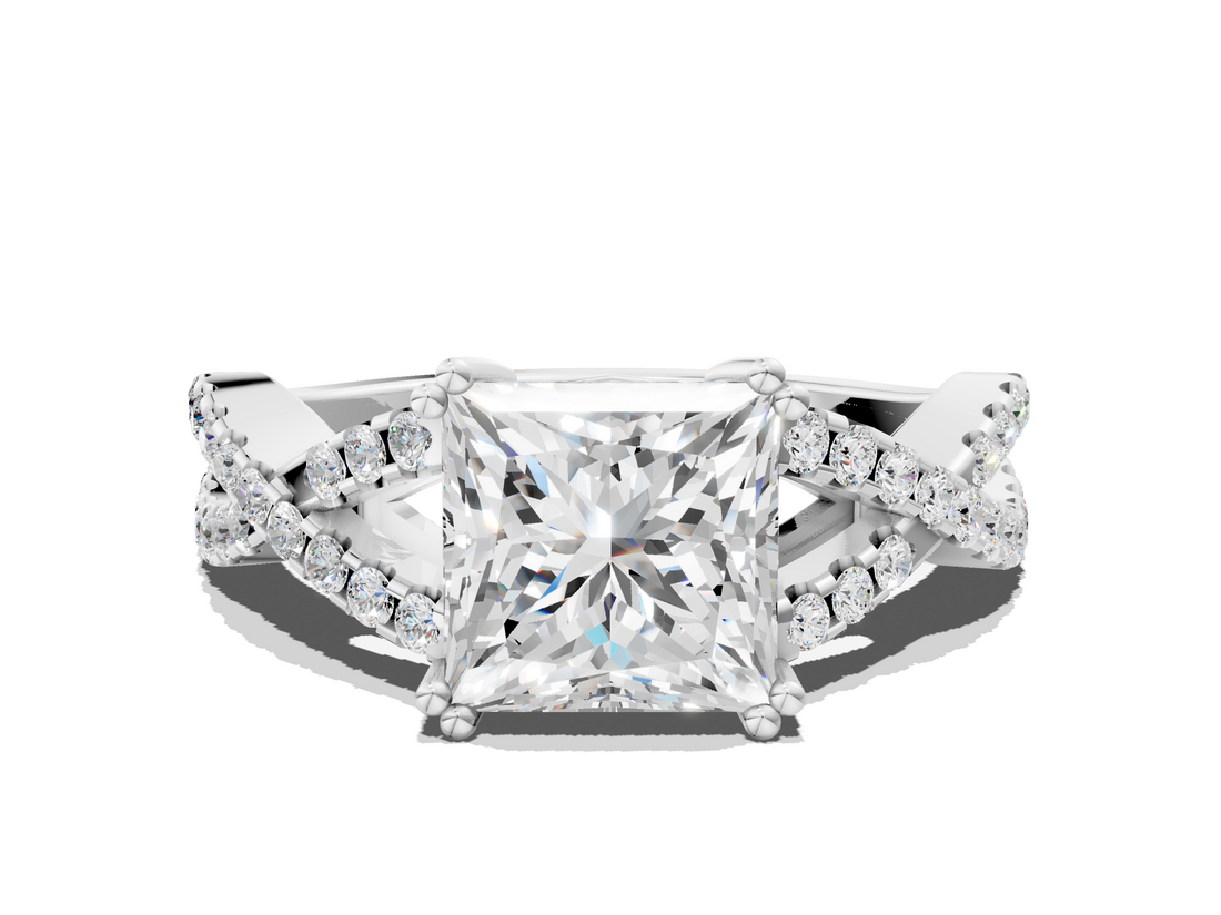 White gold Princess Solitaire Twist Band with Pavé Setting and Four-Prong Setting_39