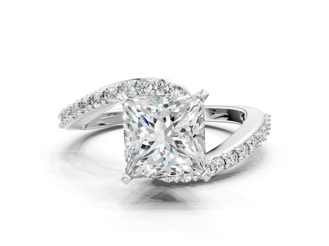 White gold Princess Solitaire Twist Band with Pave Set Diamonds and Four-Prong Setting_166
