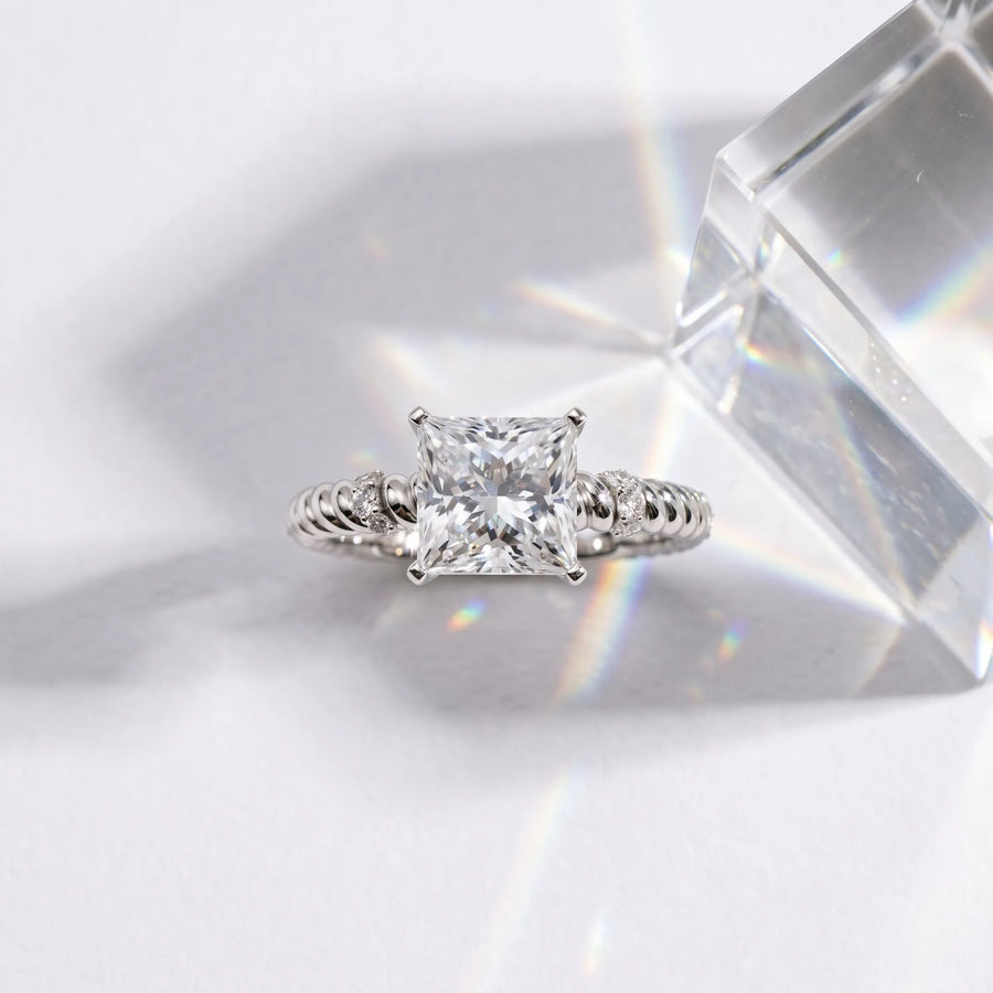 White gold Princess Solitaire Twisted Band Prong Set Engagement Ring