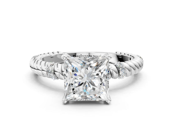 White gold Princess Solitaire Twisted Band Prong Set Engagement Ring