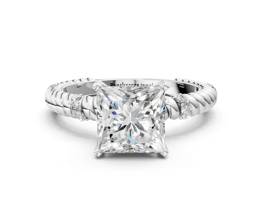 White gold Princess Solitaire Twisted Band Prong Set Engagement Ring
