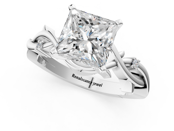 Platinum Princess Cut Solitaire Engagement Ring Setting with Vine Twist Band, Leaf Curls and Accents