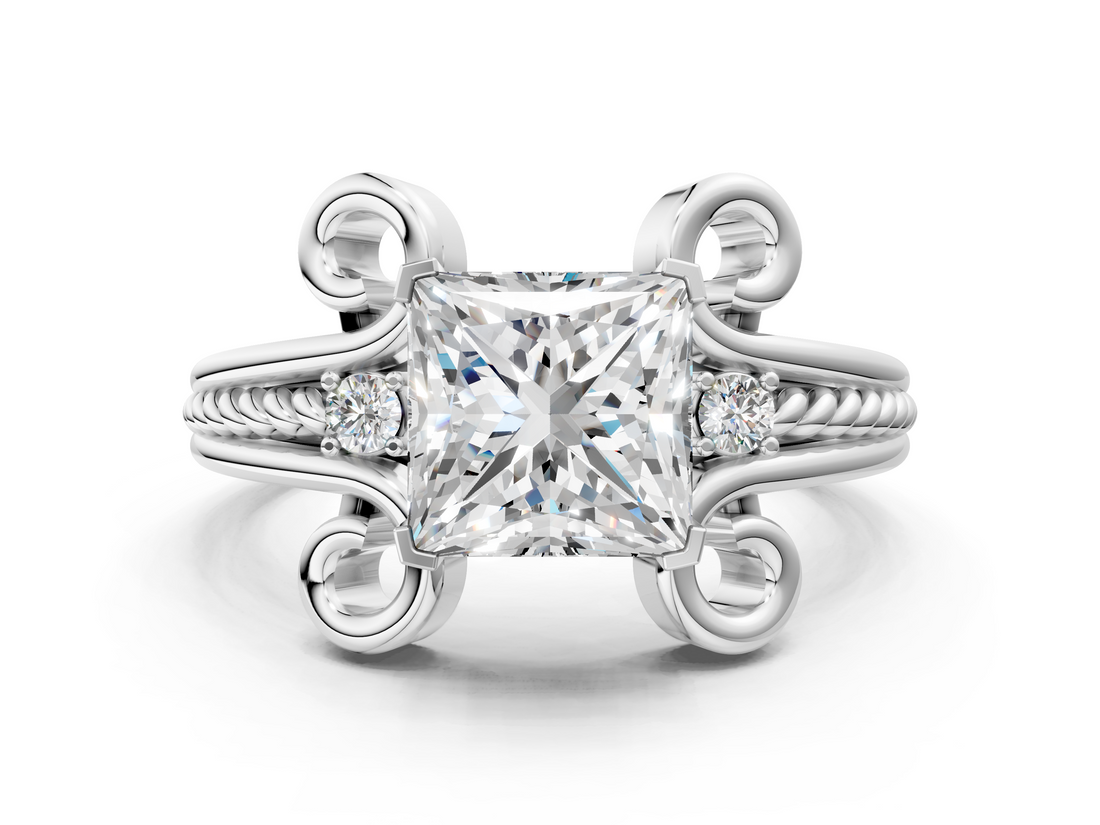 White gold Princess Solitaire Twisted Band Scroll Prong Ring_3