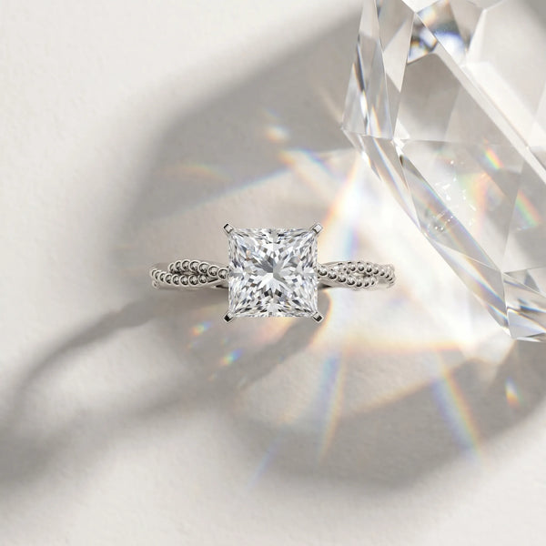 White gold Princess Solitaire Twisted Band with Bead Prong Setting