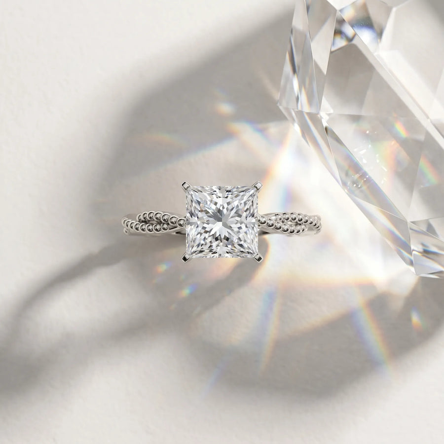 White gold Princess Solitaire Twisted Band with Bead Prong Setting