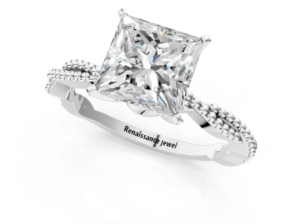 White gold Princess Solitaire Twisted Band with Bead Prong Setting