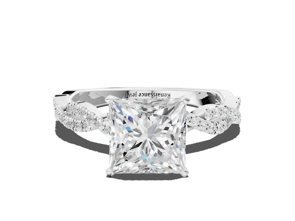 White gold Princess Solitaire Twisted Pave Band with Four-Prong Setting