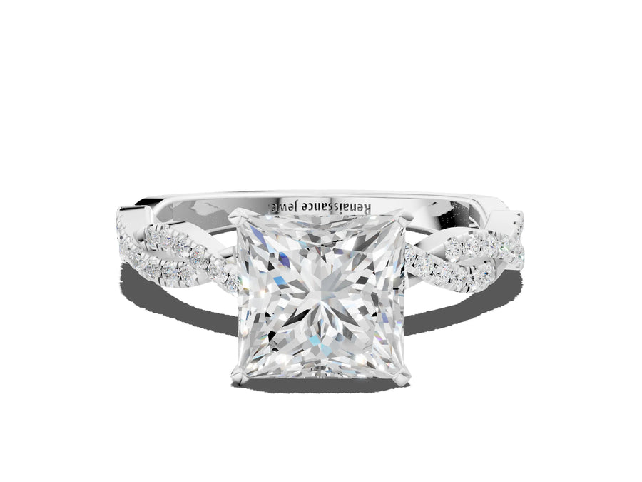White gold Princess Solitaire Twisted Pave Band with Four-Prong Setting