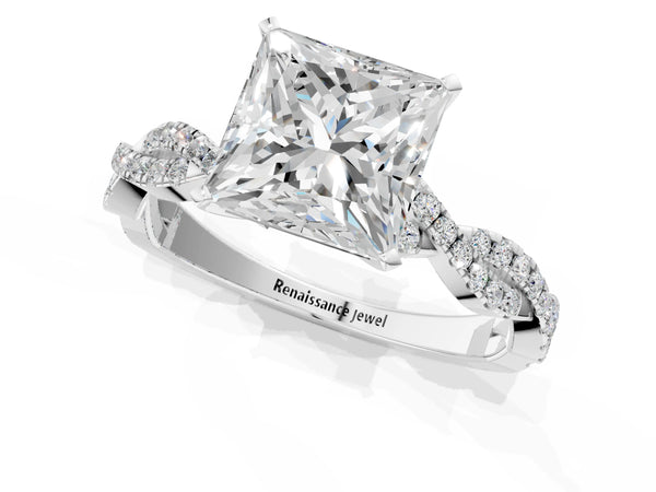 White gold Princess Solitaire Twisted Pave Band with Four-Prong Setting