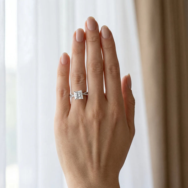 White gold Princess Solitaire Twisted Pave Band with Four-Prong Setting