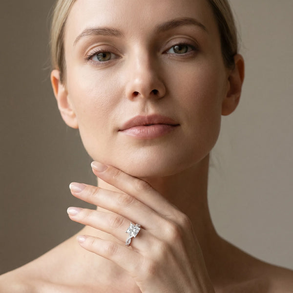 White gold Princess Solitaire Twisted Pave Band with Four-Prong Setting