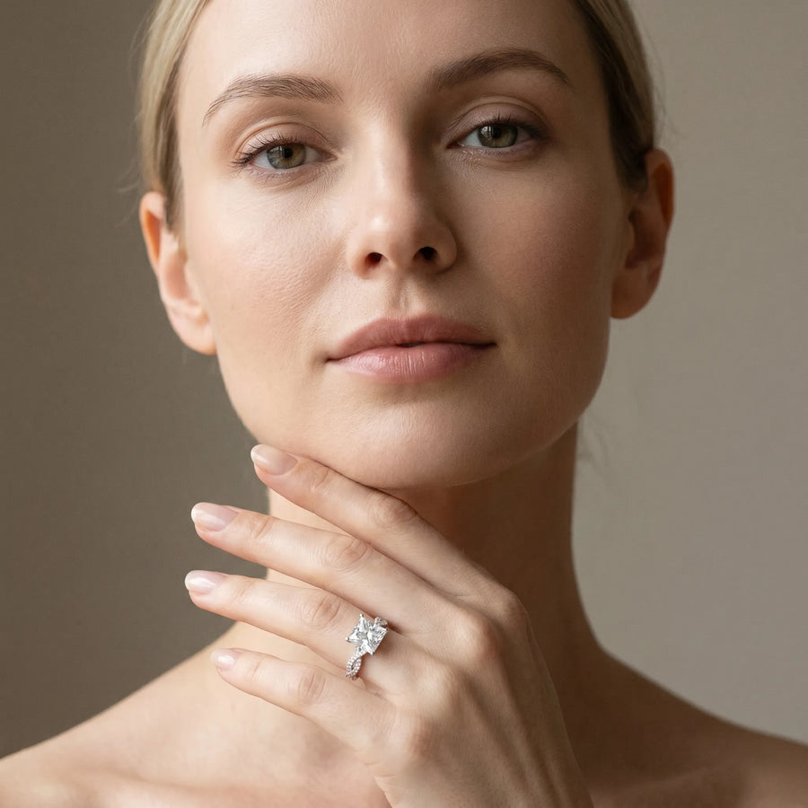 White gold Princess Solitaire Twisted Pave Band with Four-Prong Setting