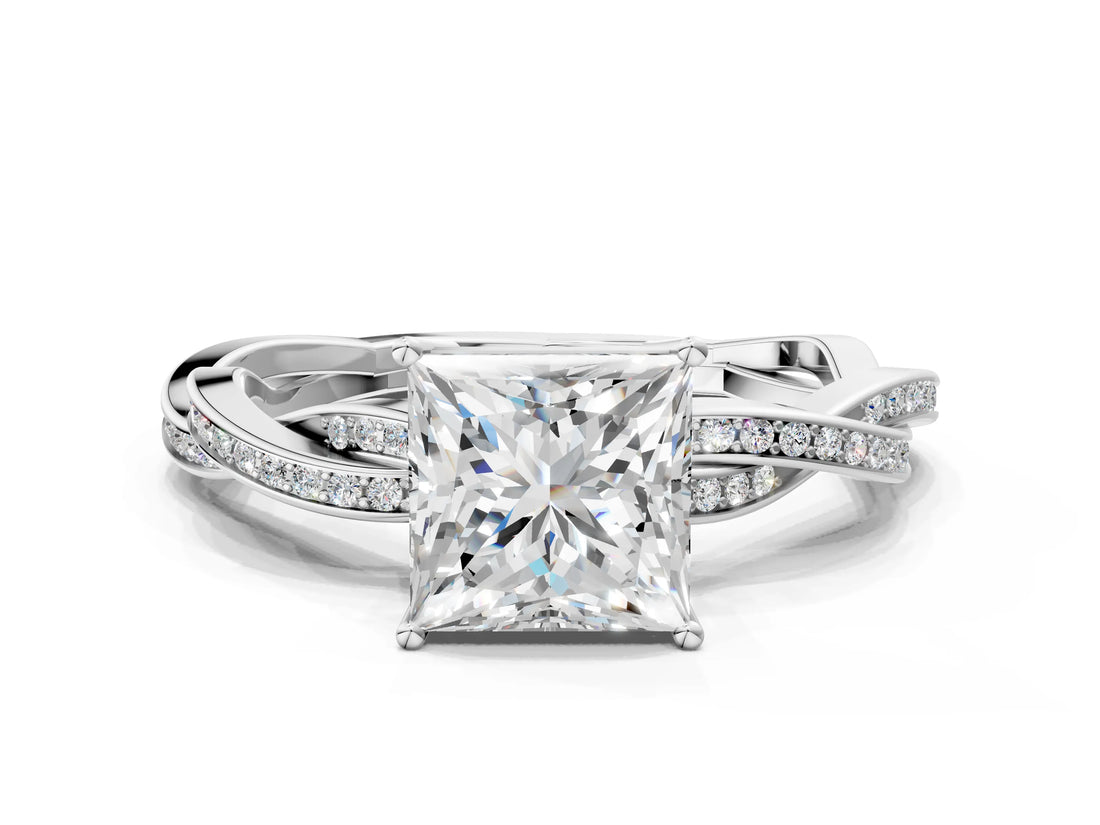 White gold Princess Solitaire Twisted Pave Diamond Ring with Four-Prong Setting_116