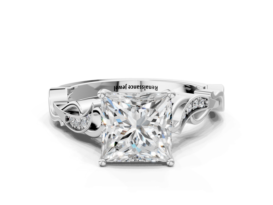 White gold Princess Solitaire Vine Band with Milgrain Prong Setting_32