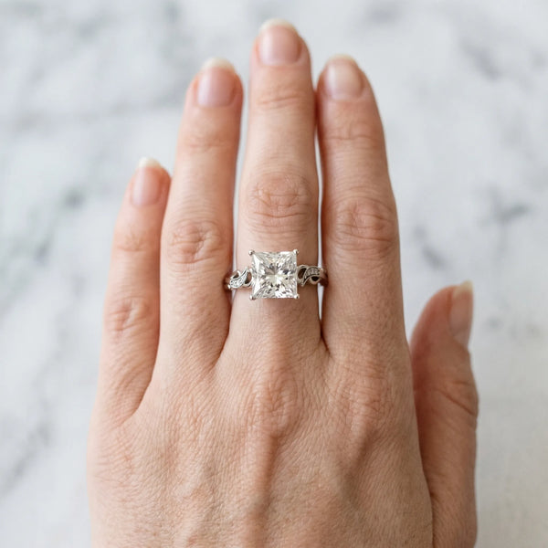 Platinum Princess Cut Vine Solitaire Engagement Ring Setting with Pave Leaf Band and Milgrain Edges