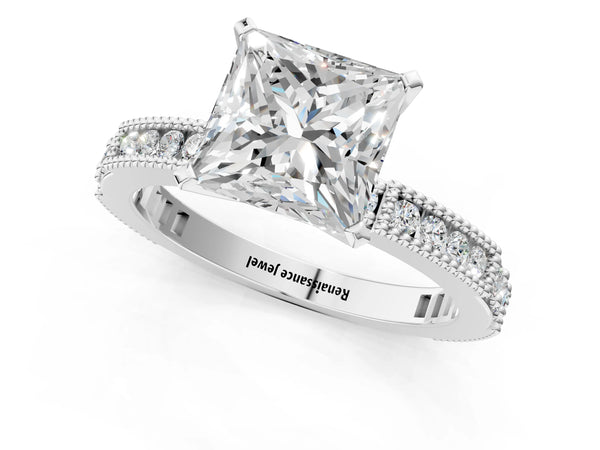 Platinum Princess Cut Vintage Solitaire Engagement Ring Setting with Milgrain-Edge Pave Band