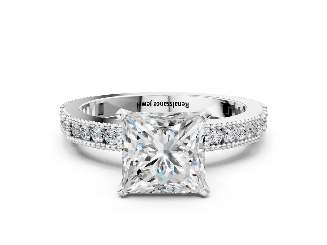 White gold Princess Solitaire with Pavé Band and Four-Prong Setting_341