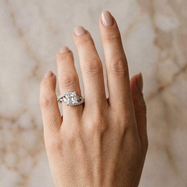 White gold Princess Solitaire with Pavé Twist Band and Four-Prong Setting